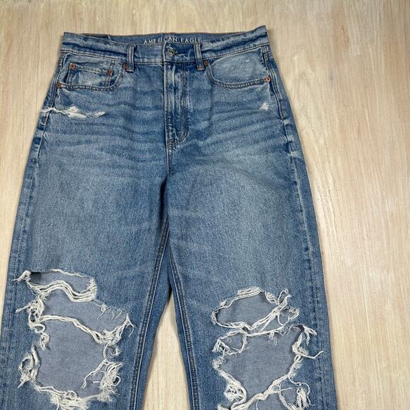 American Eagle Super High Rise Baggy Straight Jeans Light Wash Distressed 8 - Picture 2 of 13